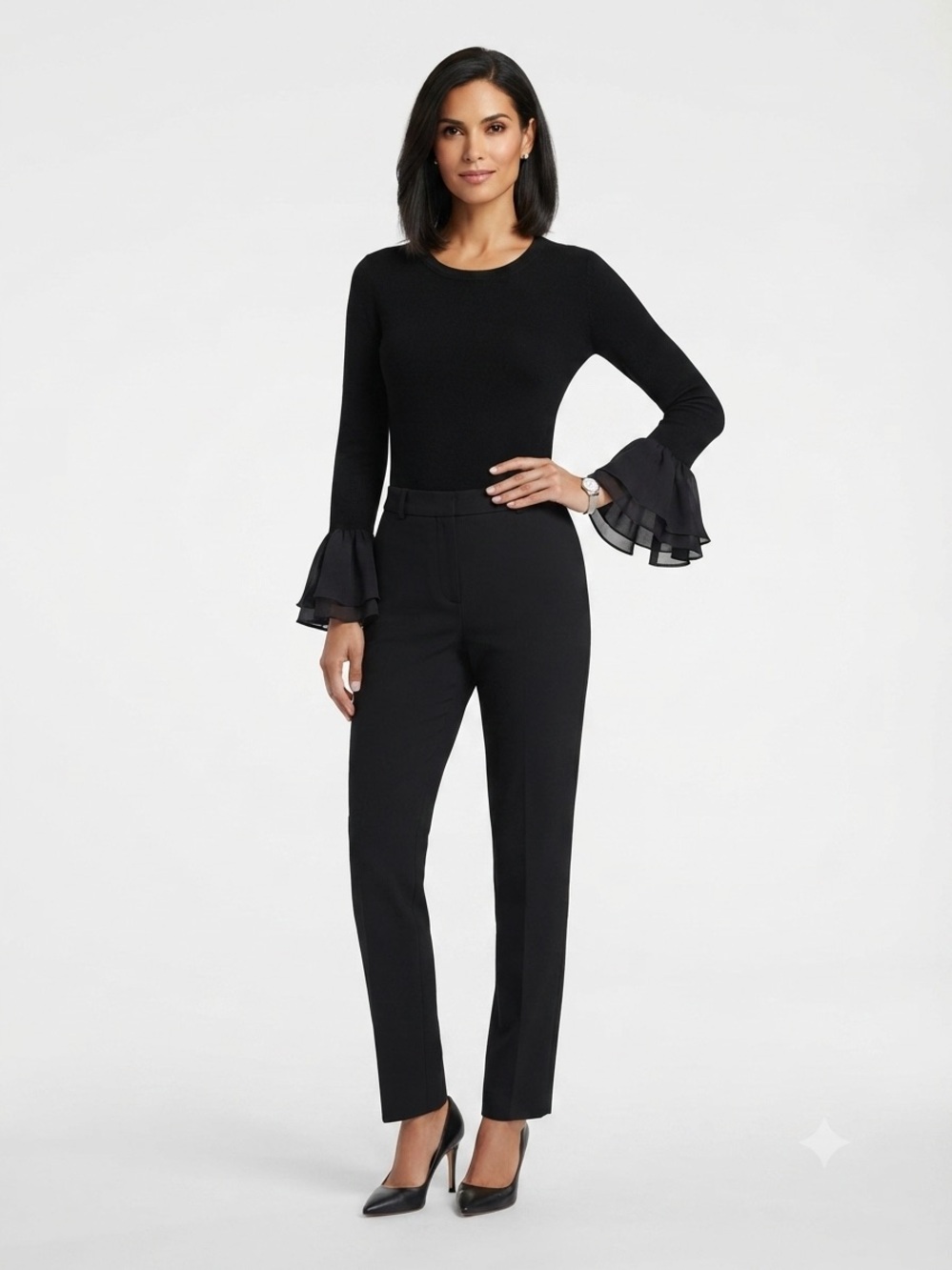 Neiman Marcus Cashmere Silk Ruffle Cuff Black Top Size M